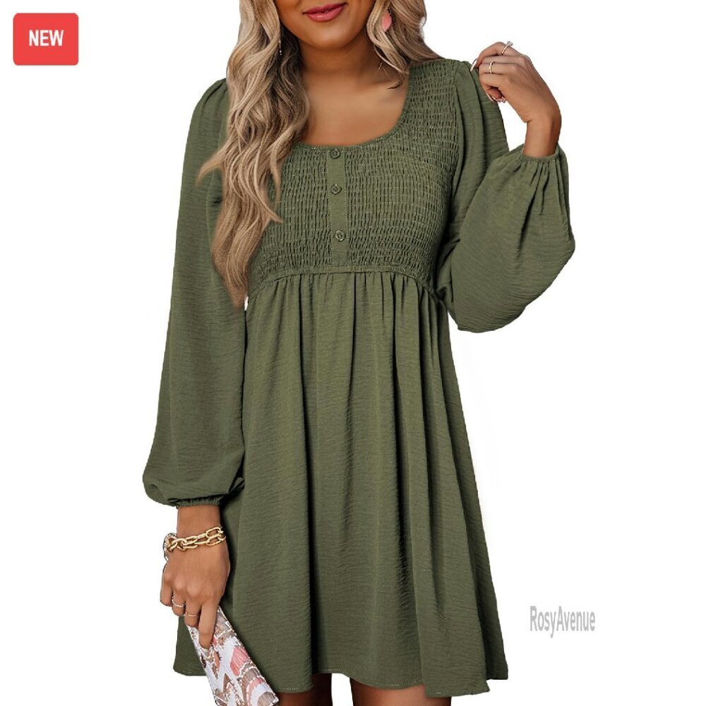 Long Sleeve Smocked Empire Waist A-Line Mini Dress Size S